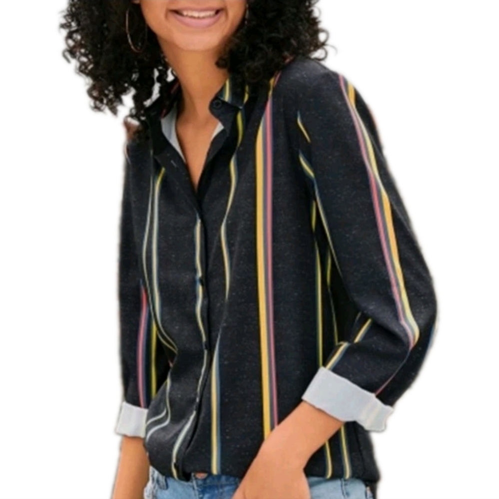 MISSLOOK Striped Button Down Shirt with Roll-up Sleeve Size Small
